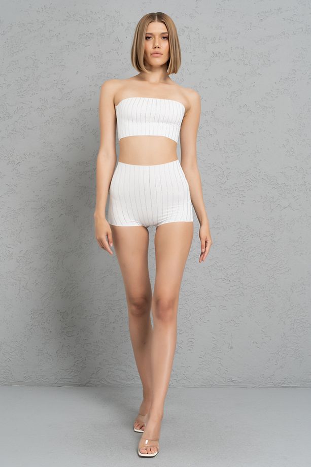 Off White Yüksek Bel Taşlı Şort - 3