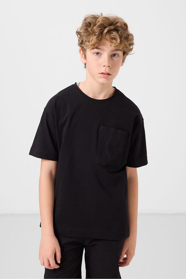 Siyah Pamuklu Oversize Fit Dokuma Hafif Esnek Chino Erkek Çocuk Şort Takım - 11278 - 4