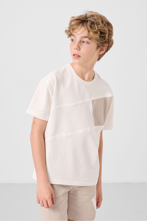 Ekru-taş Pamuklu Oversize Fit Dokuma Hafif Esnek Chino Erkek Çocuk Şort Takım - 11275 - 6