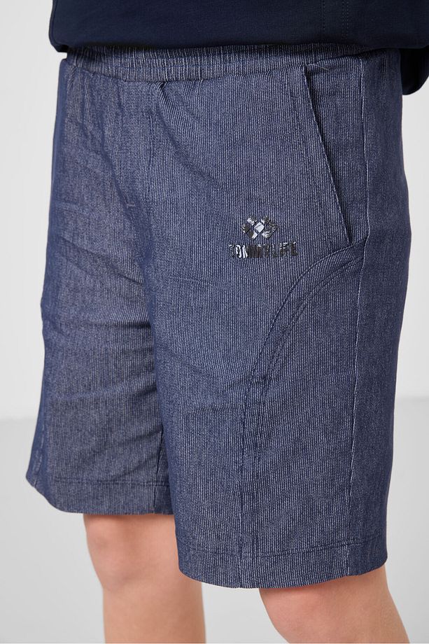 Lacivert-Kot Lacivert Pamuklu Oversize Fit Dokuma Hafif Esnek Chino Erkek Çocuk Şort Takım - 11276 - 6