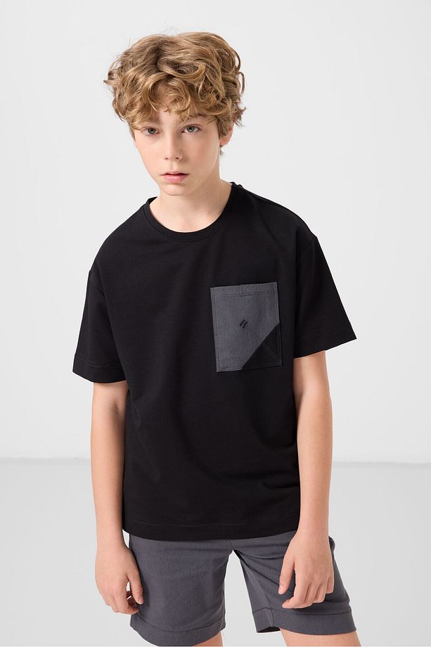 Siyah-Gri Pamuklu Oversize Fit Dokuma Hafif Esnek Chino Erkek Çocuk Şort Takım - 11278 - 5