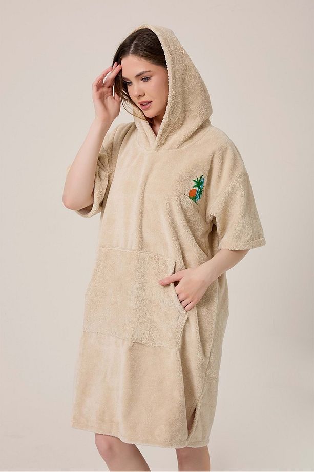 Palmiye Sörf Nakışlı Yetişkin Sörf Yazlık Panço Kapüşonlu Plaj Havlusu Bej-unisex - 5