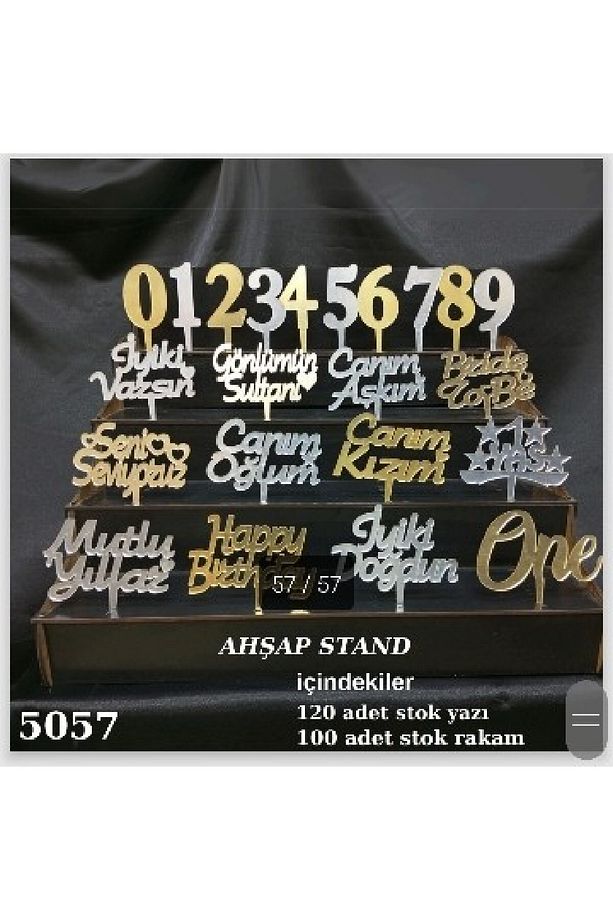GOLD GÜMÜŞ PLEKSİ AHŞAP STAND 120 ADET PASTA YAZISI 100 ADET RAKAM PİLEKSİ - 3