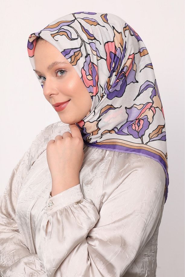 Yaprak Çiçekli Desen Hafif Cotton Pamuk Eşarp - 1