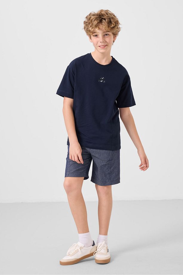 Lacivert-Kot Lacivert Pamuklu Oversize Fit Dokuma Hafif Esnek Chino Erkek Çocuk Şort Takım - 11276 - 1