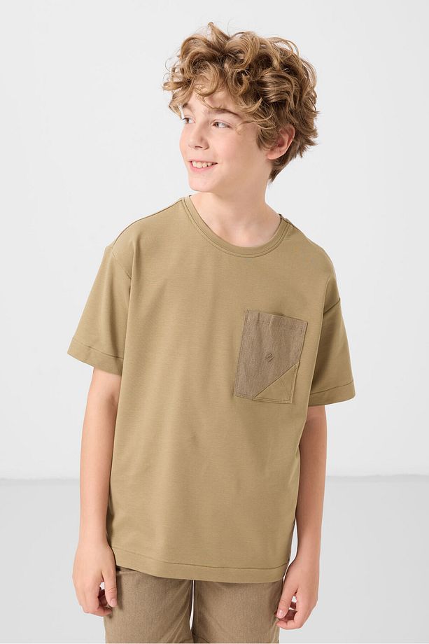Koyu Bej-Camel Pamuklu Oversize Fit Dokuma Hafif Esnek Chino Erkek Çocuk Şort Takım - 11278 - 5