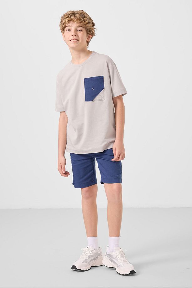 Taş-Parlament Pamuklu Oversize Fit Dokuma Hafif Esnek Chino Erkek Çocuk Şort Takım - 11278 - 4