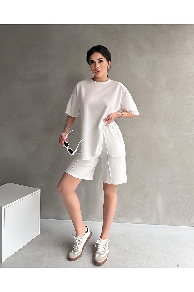 Kadın Modal Kumaş Oversize Kısa Kollu Kadın Eşofman Takımı, Şortlu, Bağcıklı Yumuşak Kumaş - 1