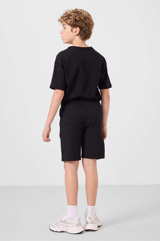 Siyah Pamuklu Oversize Fit Dokuma Hafif Esnek Chino Erkek Çocuk Şort Takım - 11277 - 8