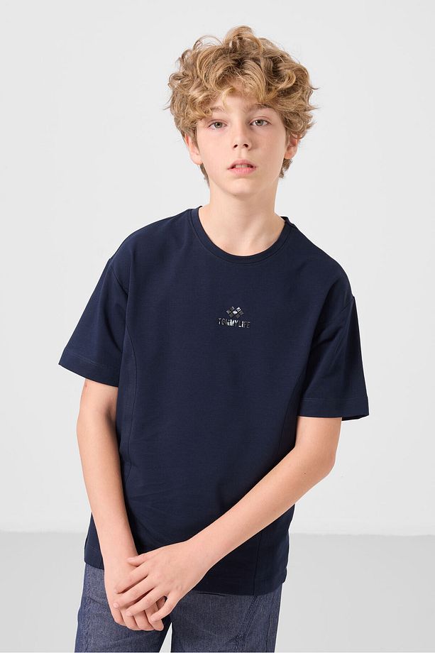 Lacivert-Kot Lacivert Pamuklu Oversize Fit Dokuma Hafif Esnek Chino Erkek Çocuk Şort Takım - 11276 - 3