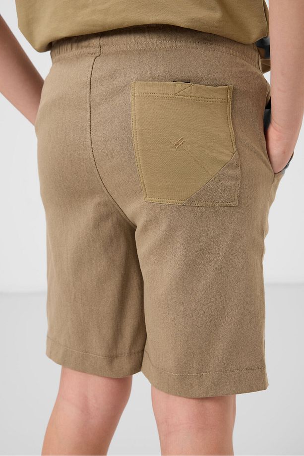 Koyu Bej-Camel Pamuklu Oversize Fit Dokuma Hafif Esnek Chino Erkek Çocuk Şort Takım - 11278 - 7