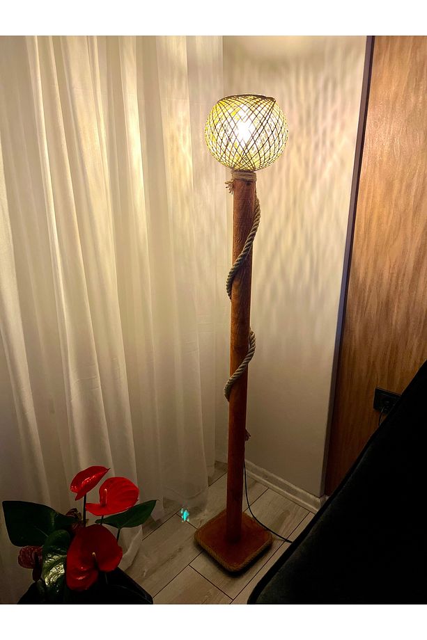 “Doğal Ahşap Lambader - Jüt Halat Detaylı ,Tek Küre Başlıklı Doğal Lambader.”(140/150 Cm) - 5