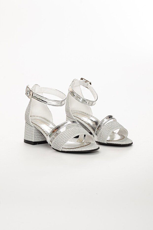 Silver Glitter Girls' Heeled Evening Dress Shoes
