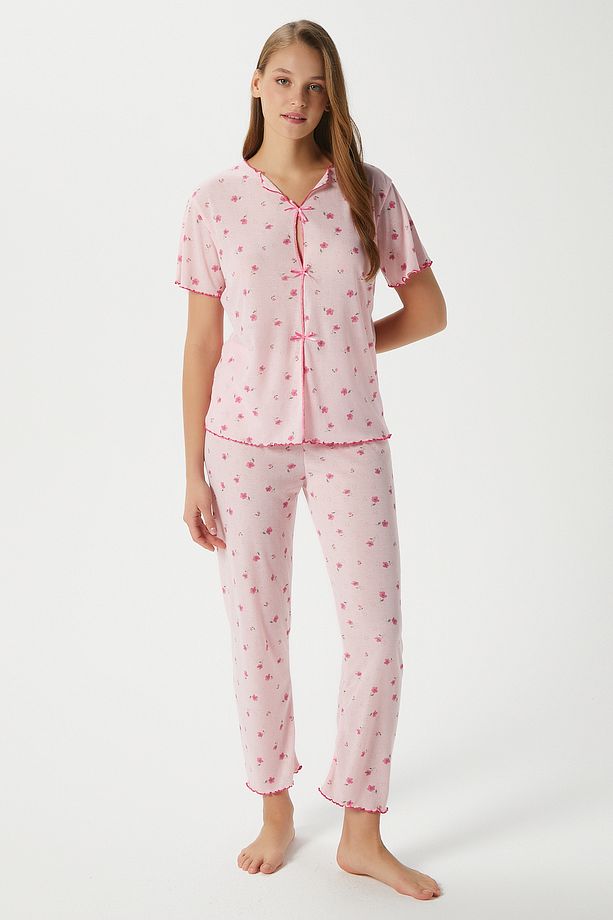 Kadın Juliet Kurdeleli Yumuşak Doku Pembe Çiçekli Pijama Takımı - 2