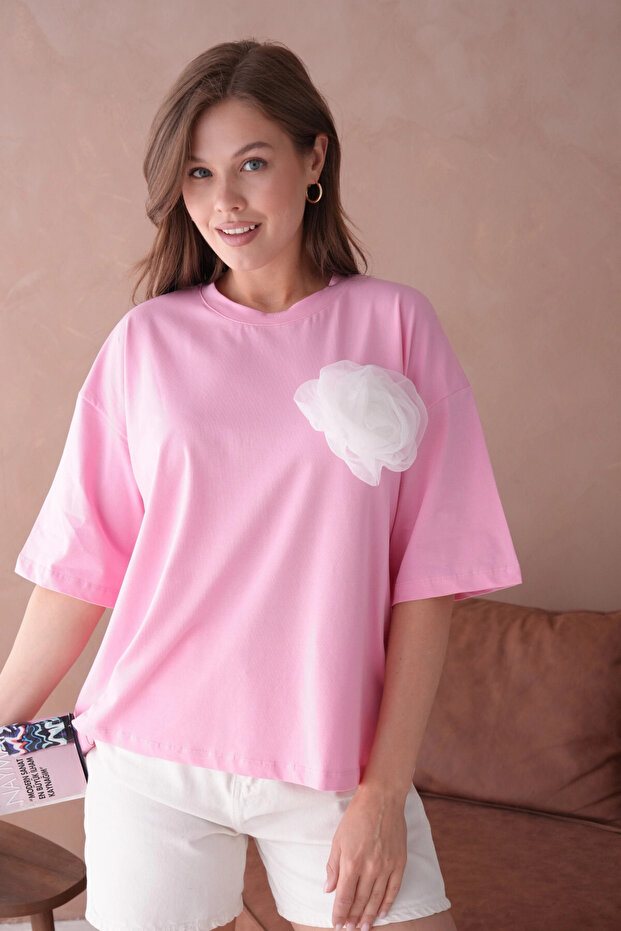 Pembe Kısa Kol Basic T-Shirt - 3