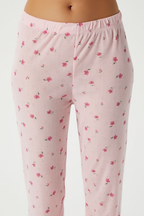 Kadın Juliet Kurdeleli Yumuşak Doku Pembe Çiçekli Pijama Takımı - 8