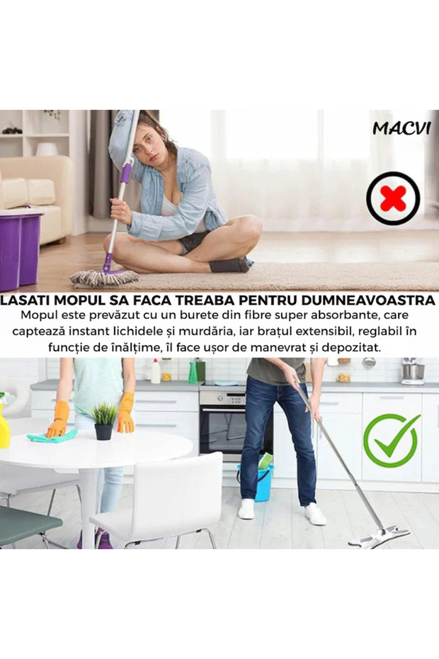Macvi® Rectangular Wringing Mop, 2 Reusable Microfiber Cloths, Flat Head, Blue - 4
