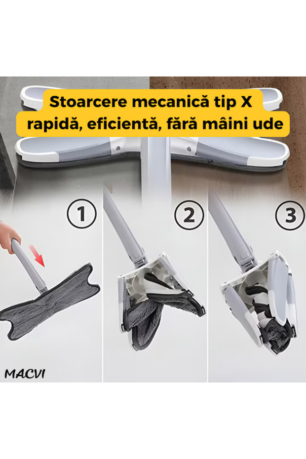 Macvi® Rectangular Wringing Mop, 2 Reusable Microfiber Cloths, Flat Head, Blue - 3