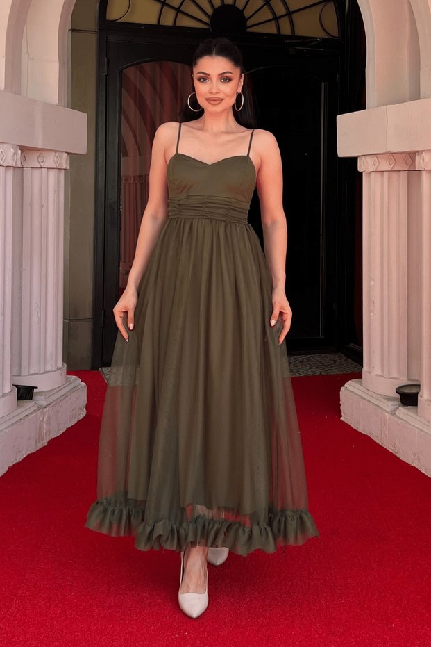 Tulle Fabric Gather Detailed Dress - Khaki Green