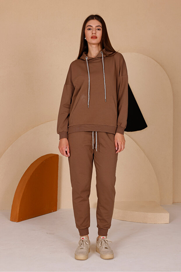 Hooded Comfortable Drawstring Waist Elastic Bag Pocket Stylish Tracksuit Set