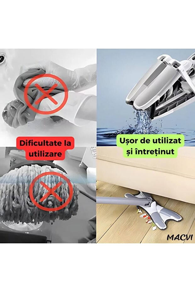 Macvi® Rectangular Wringing Mop, 2 Reusable Microfiber Cloths, Flat Head, Blue - 5