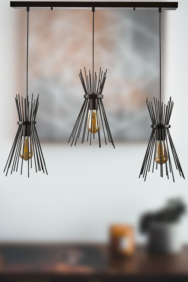 Modern Retro Salon - Mutfak - Cafe Tasarım Sıralı Siyah Renk Kirpi 3 Lü Avize - 1