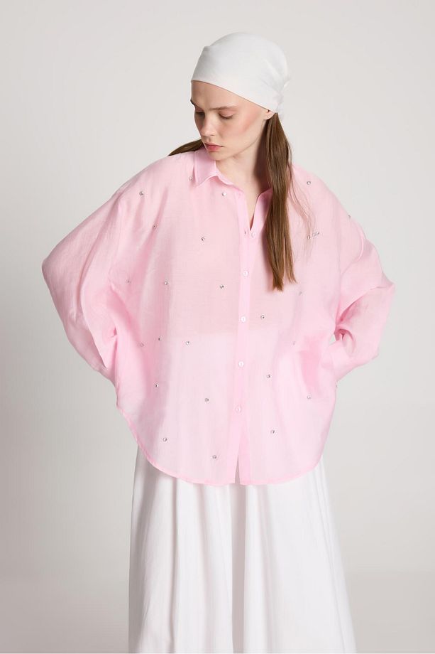 Breeze Oversize Taş Detaylı Gömlek Pembe - 4