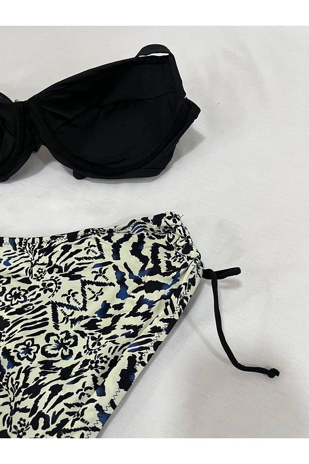 Kadın Siyah Taş İşlemeli Bej Desenli Astarlı Büyük Beden Bikini Takımı HZL25S-LC3351 - 5