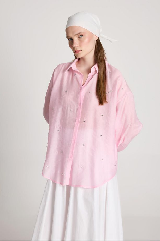 Breeze Oversize Taş Detaylı Gömlek Pembe - 3