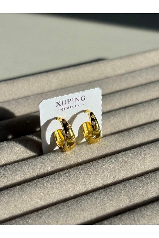 Xuping Steel Earrings Sole Gold Gold Color Stone Detailed Steel Hoop Earrings |   Stylish and Modern Women's Earrings Es