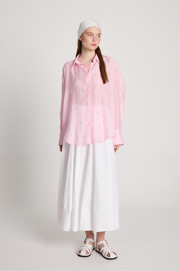 Breeze Oversize Taş Detaylı Gömlek Pembe - 1