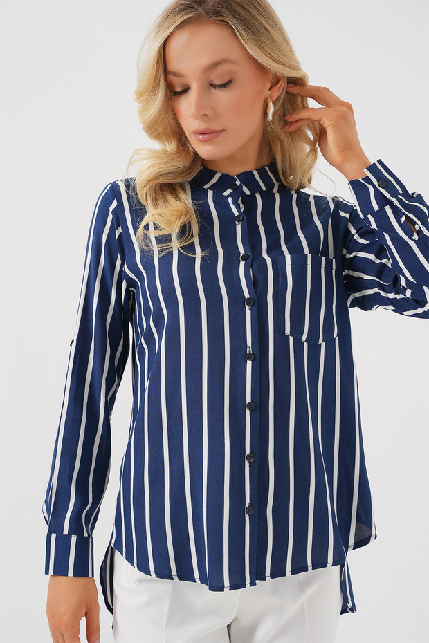 Women's Long Sleeve Striped Shirt 20283 - A.Navy Blue