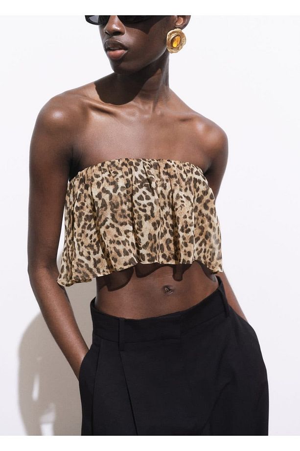 Leopar desenli crop bluz - 1
