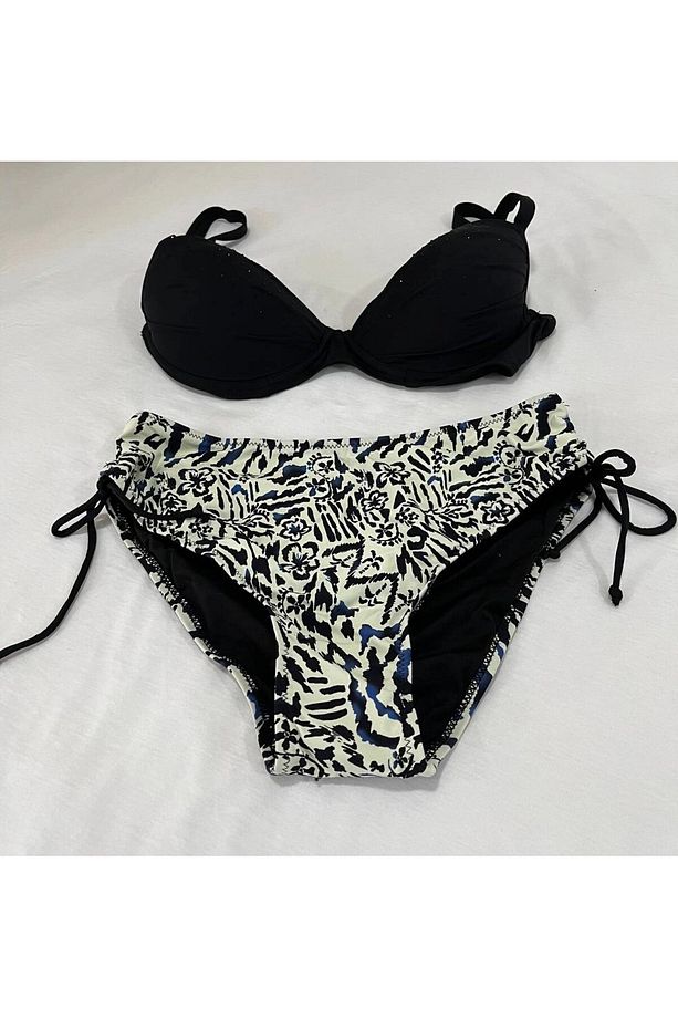 Kadın Siyah Taş İşlemeli Bej Desenli Astarlı Büyük Beden Bikini Takımı HZL25S-LC3351 - 6