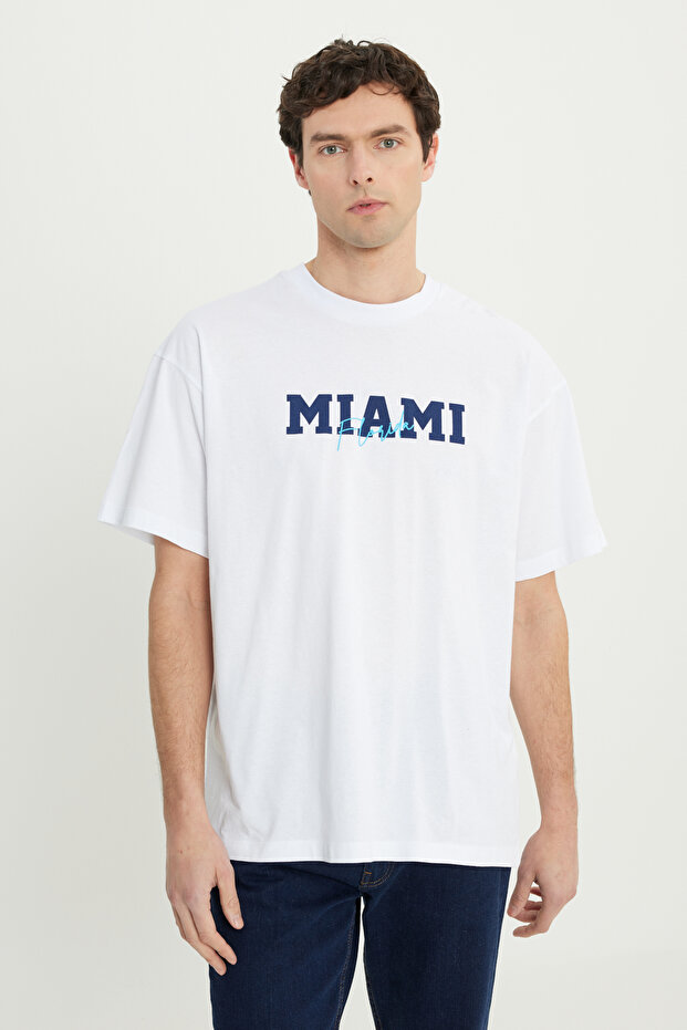 Men's White-Navy Blue Oversize 100% Cotton Wide Cut Printed Crew Neck T-Shirt