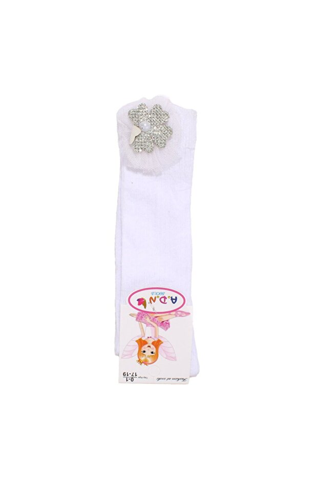 Baby Girl White Tulle Floral Beaded Knee Socks 0-1 Years