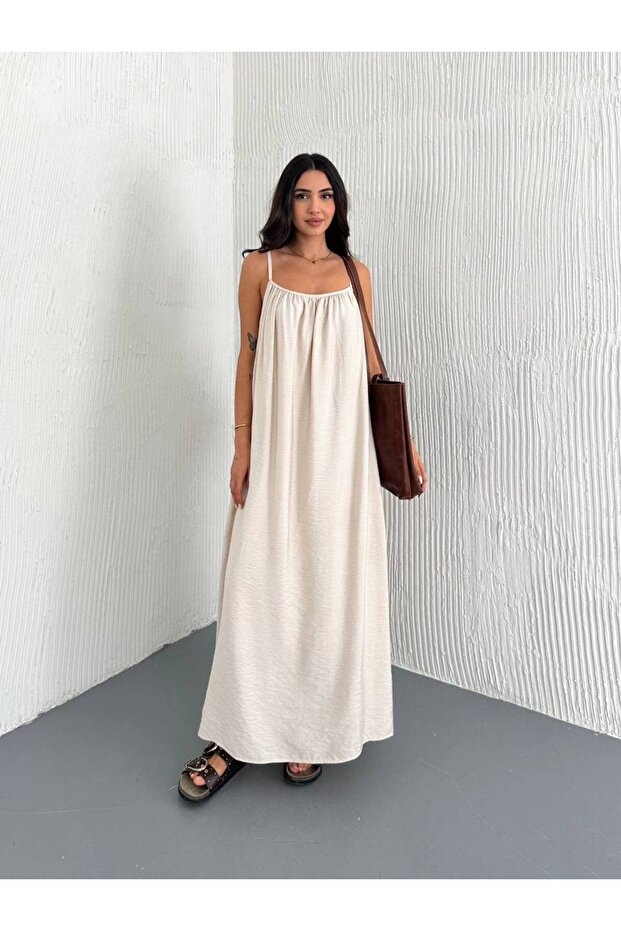 Askılı Basic Uzun Elbise - 1
