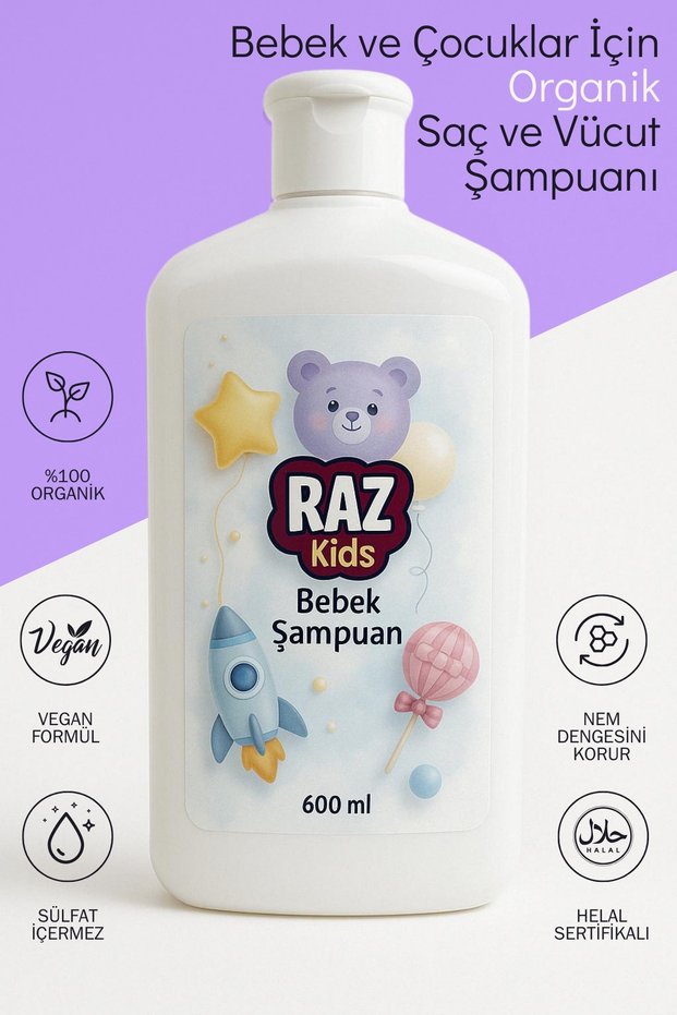 Raz Kids Organic Certified Sensitive Hair and Body Baby Shampoo Alcohol-Free - 600 ml