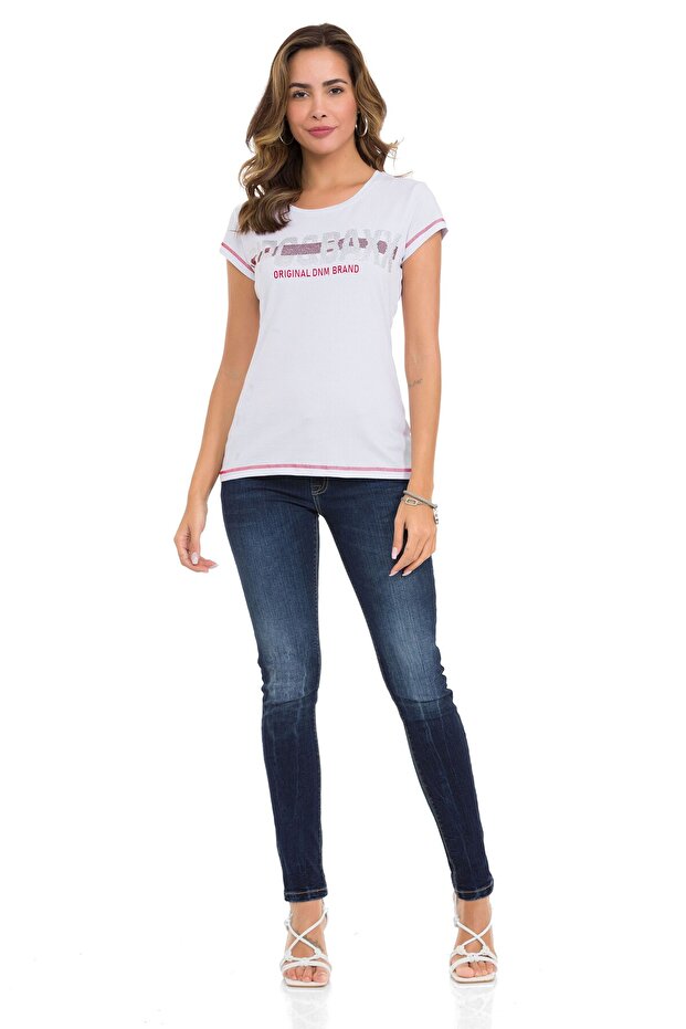 Wt348 Taşlı Yazılı Basic Beyaz Tişört - 7