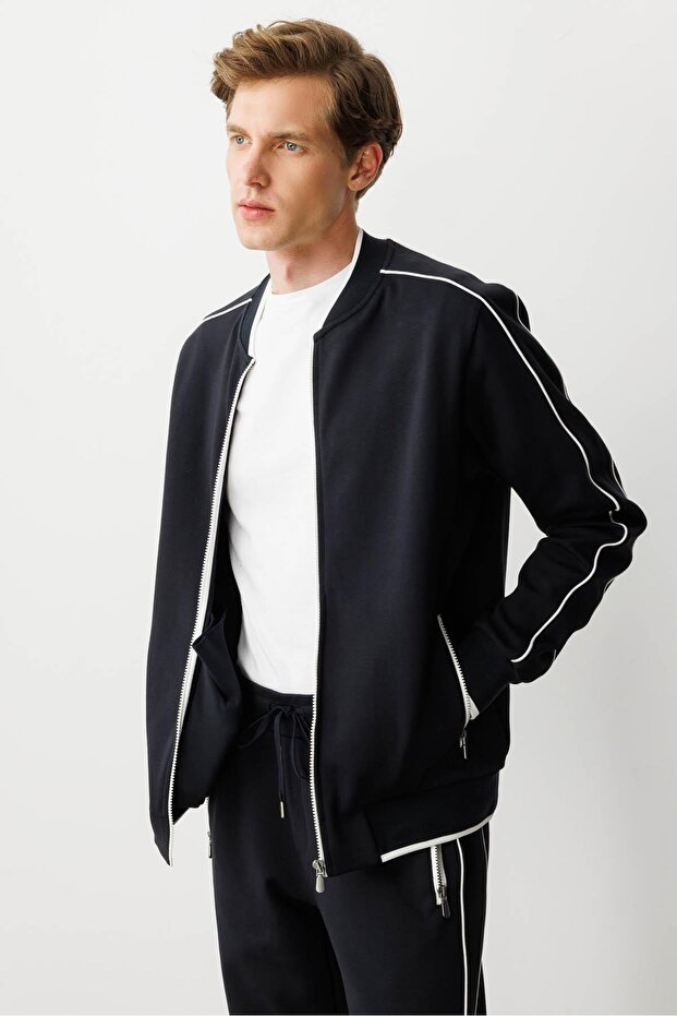 Men's Judge Collar Sleeve Tip and Skirt Striped Tracksuit Top Dark Blue
