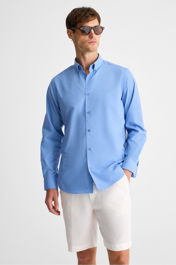 Risto Men's Dark Blue Shirt with Fabric Collar and Cuffs That Minimizes the Need for Ironing after Washing