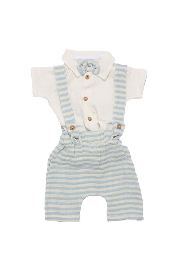Baby Boy Ecru Blue Striped Muslin Bow Tie Shirt Salopet Set