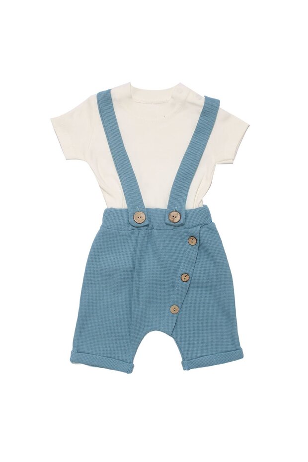 Baby Boy Blue Waffle Fabric White T-Shirt Salopette Jumpsuit Set
