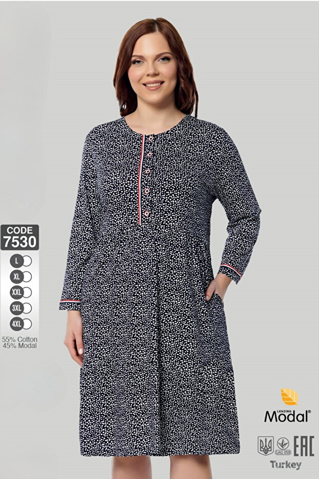 Women's Large Size Cotton Modal Fabric Button Detailed Patterned Summer Dress 7530
