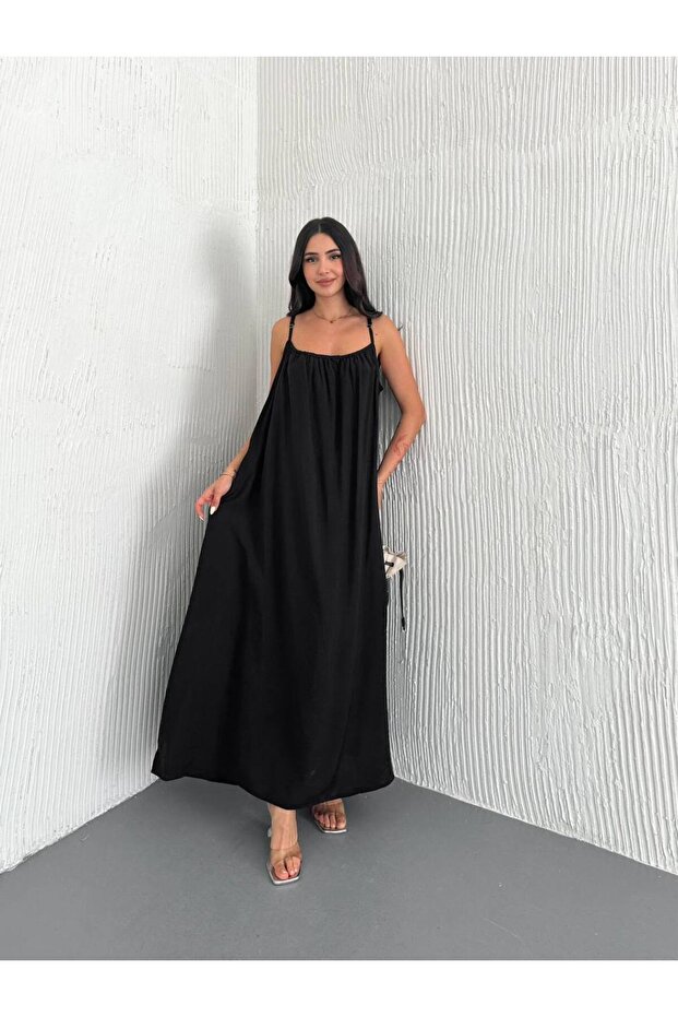 Askılı Basic Uzun Elbise - 1
