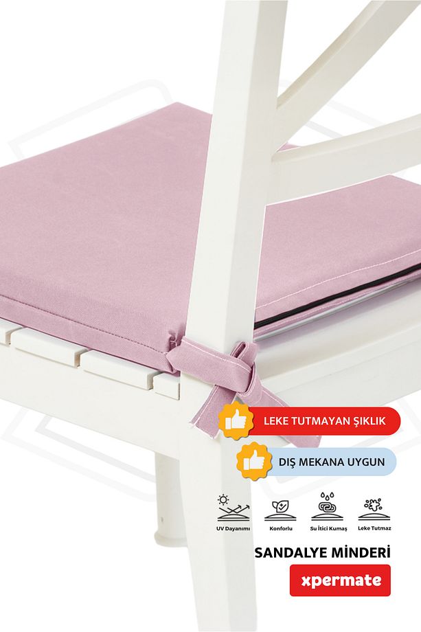 Fermuarlı Sandalye Minderi Su İtici Kumaş 40x40 cm Sünger Sandalye Minderi Bağcıklı Pembe - 4