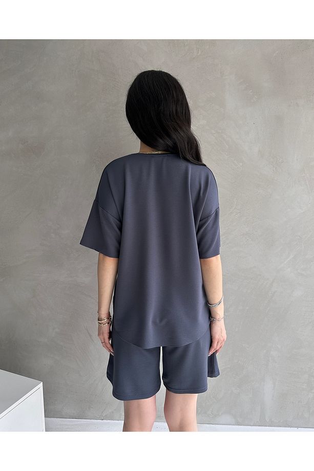 Kadın Modal Kumaş Oversize Kısa Kollu Kadın Eşofman Takımı, Şortlu, Bağcıklı Yumuşak Kumaş - 3