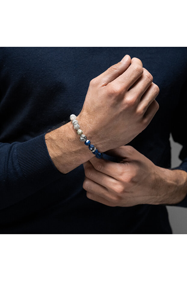 GT Collection, Pánský náramek s lví hlavou a energetickými kameny LAPIS, LABRADORIT, univerzální velikost a nastavitelný - 4