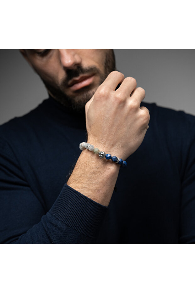 GT Collection, Pánský náramek s lví hlavou a energetickými kameny LAPIS, LABRADORIT, univerzální velikost a nastavitelný - 2