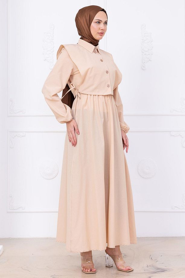 Bolerolu Beli Lastikli Elbise Bej HM2756 - 4